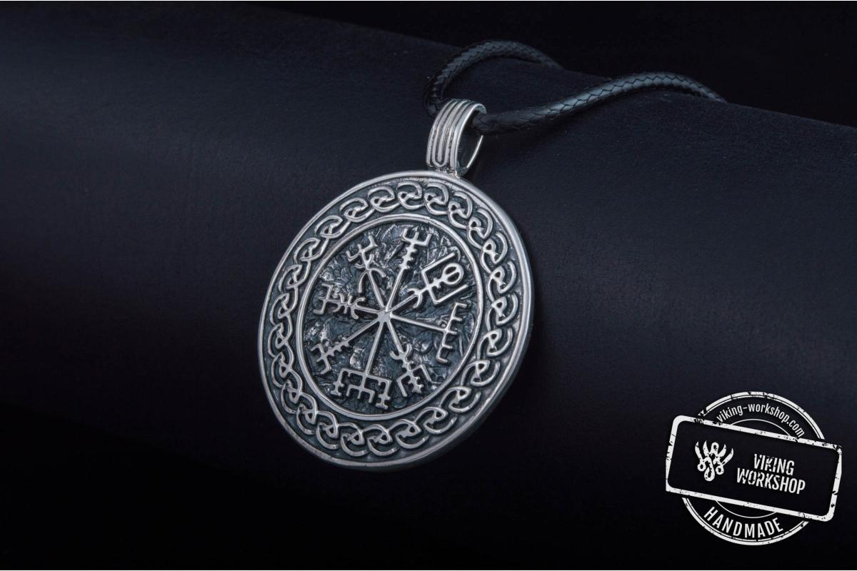 Vegvisir Symbol with Viking Ornament Pendant Sterling Silver Pagan Jewelry