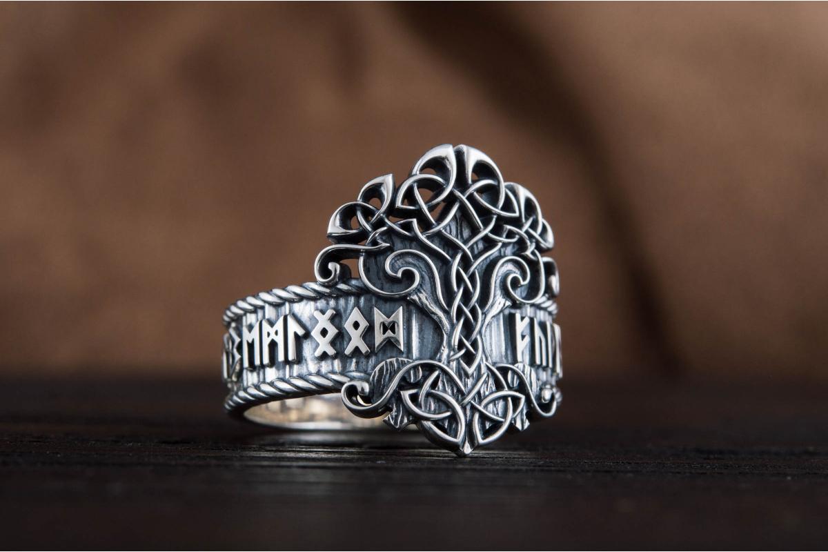 Yggdrasil Symbol Ring with Norse Runes Ornament Sterling Silver Viking Jewelry
