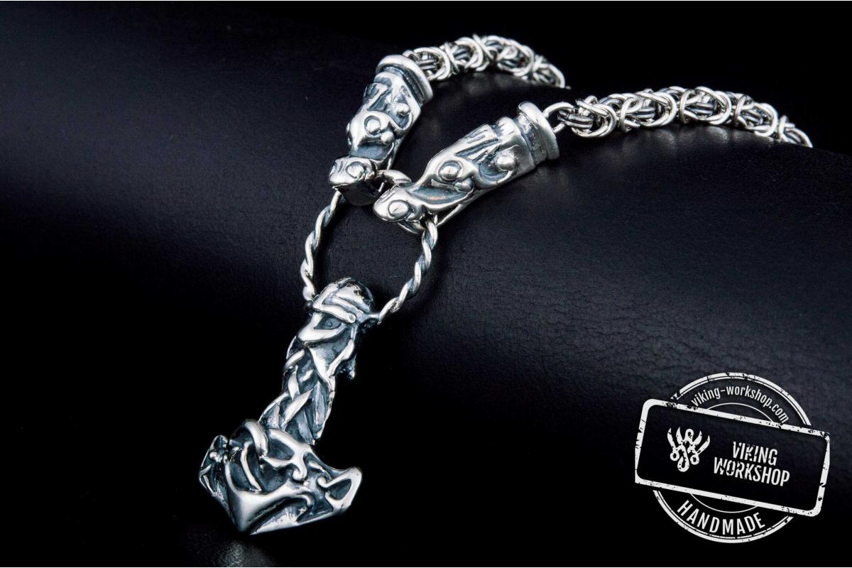 Set of Sterling Silver Viking Chain with Wolf Tips and Viking Mjolnir Pendant